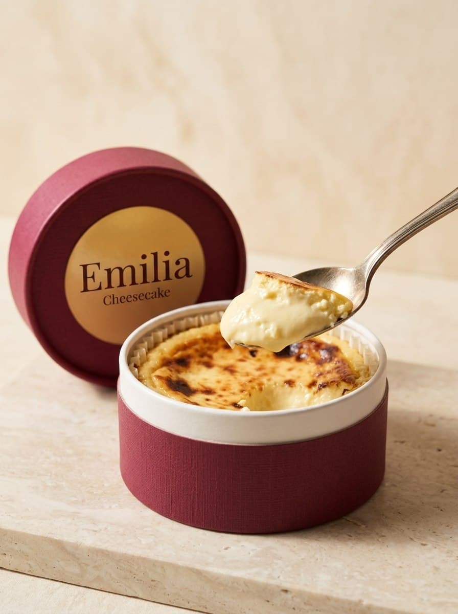 San Sebastian Cheesecake von Emilia in der Verpackung, mit einem Löffel